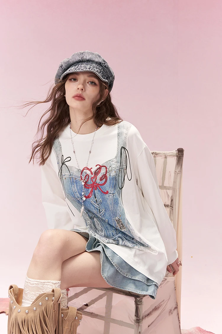 ELFSACK Trompe L'oeil Printed Long Sleeve T-Shirt, Casual Oversized Loose Tops for Women's Daily Outfit