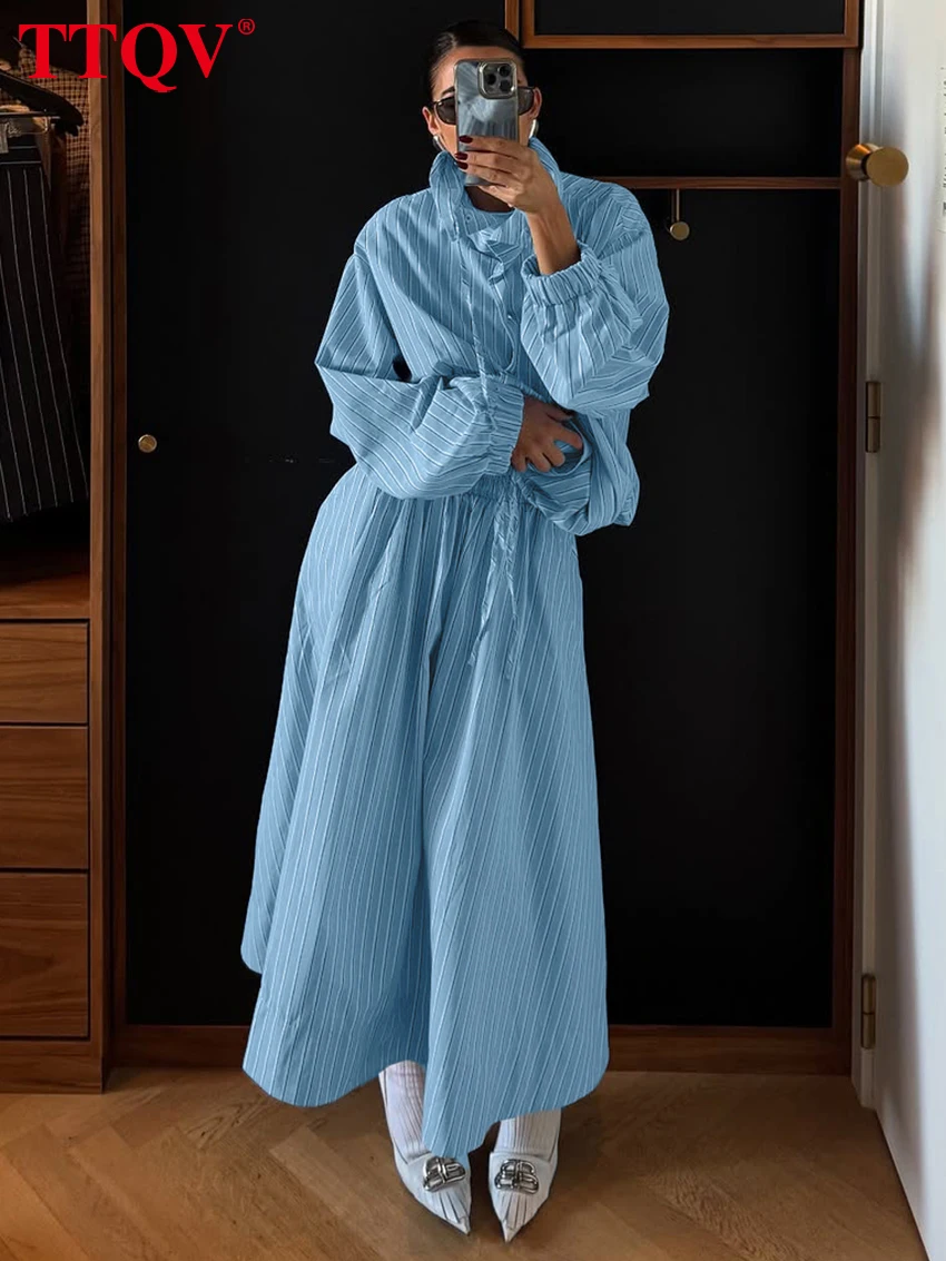 TTQV Fashion Loose Stripe Print 2 Piece Set Women 2026 Elegant Long Sleeve Shirt With High Waist Long Skirt Set Female Clothing