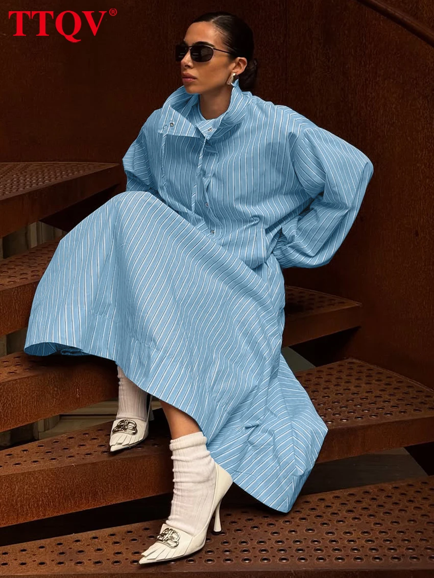TTQV Fashion Loose Stripe Print 2 Piece Set Women 2026 Elegant Long Sleeve Shirt With High Waist Long Skirt Set Female Clothing