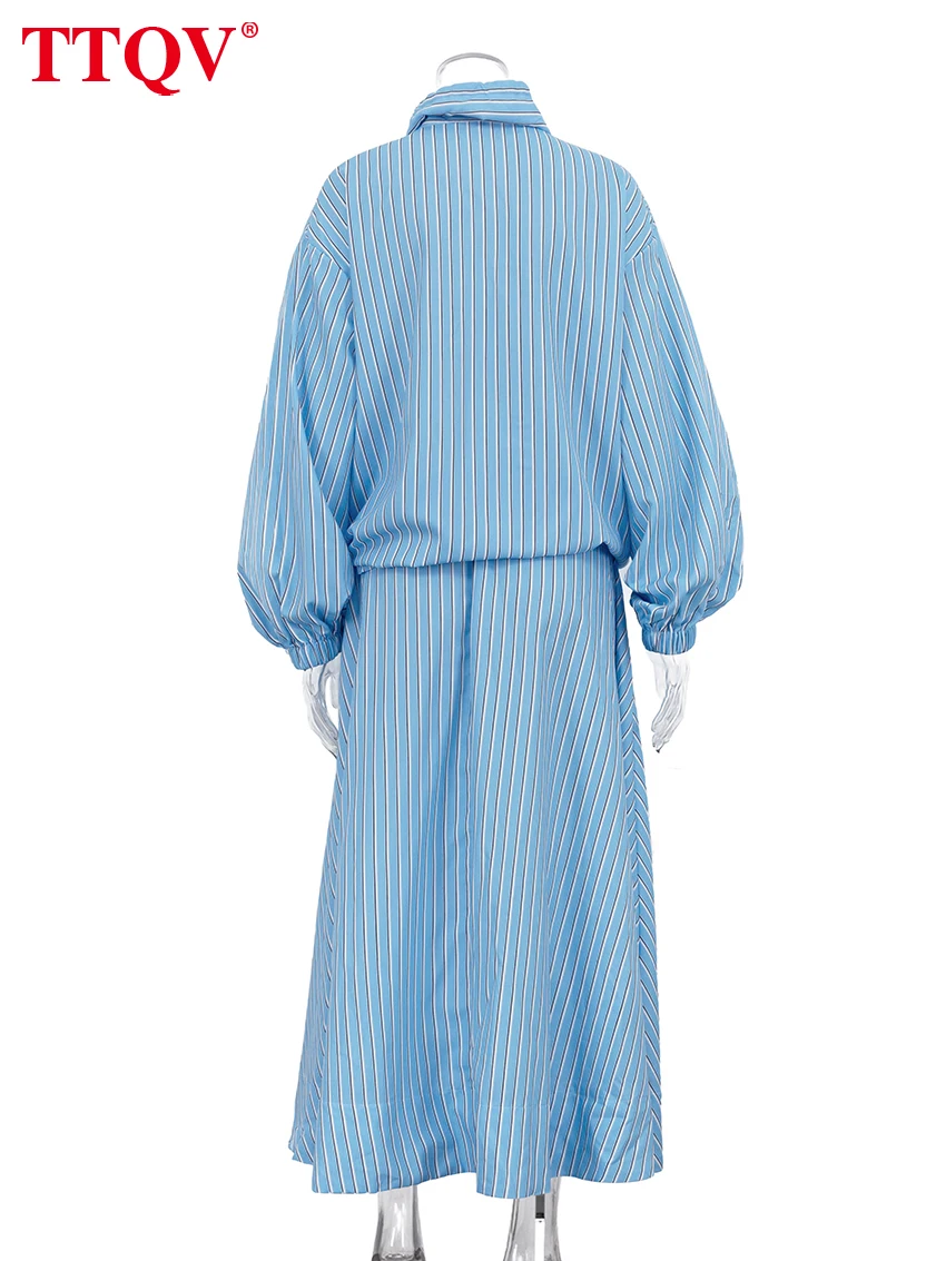 TTQV Fashion Loose Stripe Print 2 Piece Set Women 2026 Elegant Long Sleeve Shirt With High Waist Long Skirt Set Female Clothing