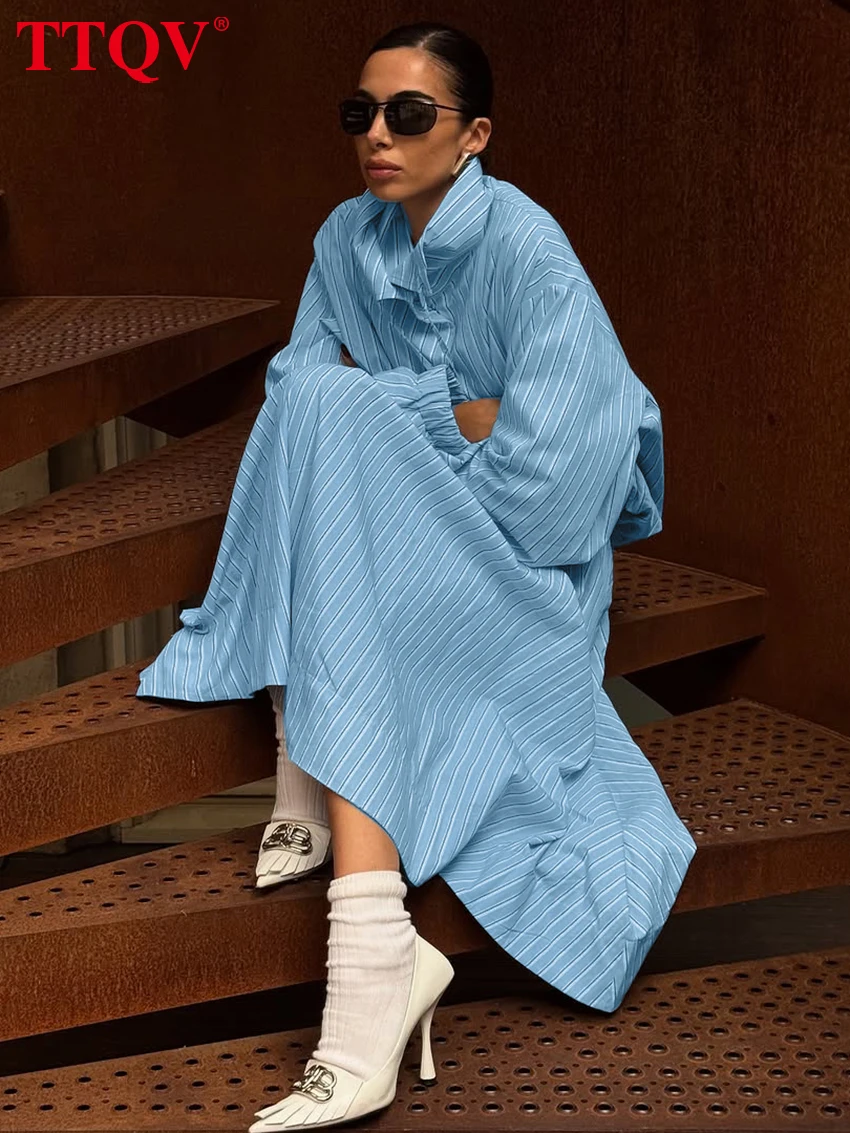 TTQV Fashion Loose Stripe Print 2 Piece Set Women 2026 Elegant Long Sleeve Shirt With High Waist Long Skirt Set Female Clothing