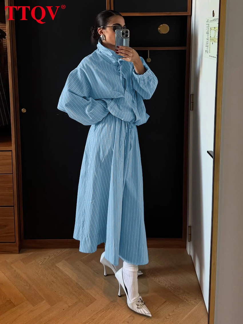 TTQV Fashion Loose Stripe Print 2 Piece Set Women 2026 Elegant Long Sleeve Shirt With High Waist Long Skirt Set Female Clothing