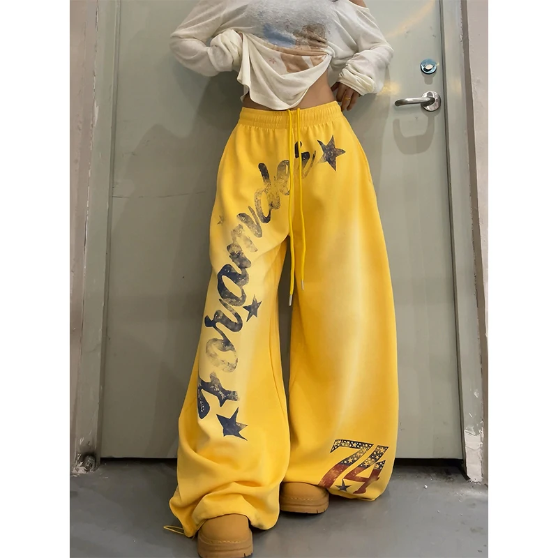 2026 American Style Vintage Gradient Letter Print Casual Wide Leg Pants Loose Fit Hip Hop Jazz Dance Women Fashionable Trousers