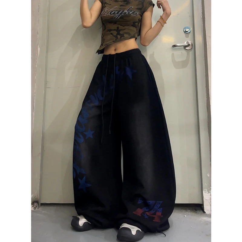 2026 American Style Vintage Gradient Letter Print Casual Wide Leg Pants Loose Fit Hip Hop Jazz Dance Women Fashionable Trousers