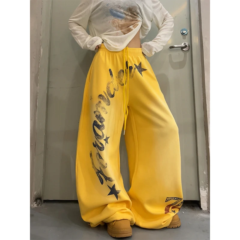 2026 American Style Vintage Gradient Letter Print Casual Wide Leg Pants Loose Fit Hip Hop Jazz Dance Women Fashionable Trousers