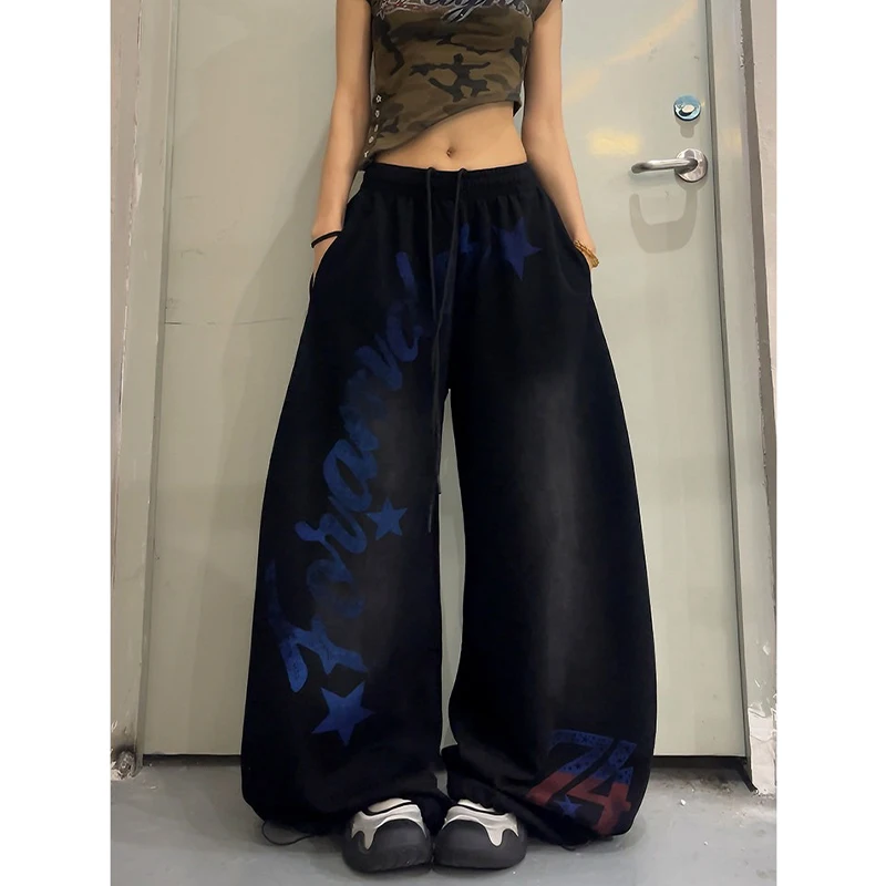 2026 American Style Vintage Gradient Letter Print Casual Wide Leg Pants Loose Fit Hip Hop Jazz Dance Women Fashionable Trousers