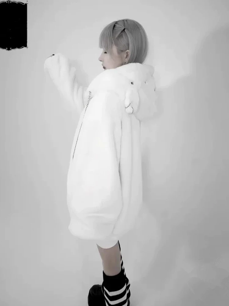 Lautaro Autumn Winter Oversized Sweet Warm Thick Soft Faux Fur Hoodie Women with Bear Ears Harajuku Punk Style Fluffy Jacket