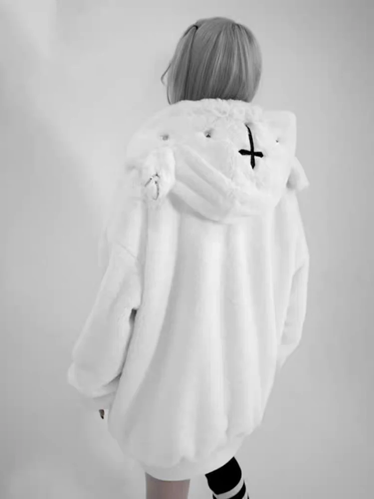 Lautaro Autumn Winter Oversized Sweet Warm Thick Soft Faux Fur Hoodie Women with Bear Ears Harajuku Punk Style Fluffy Jacket