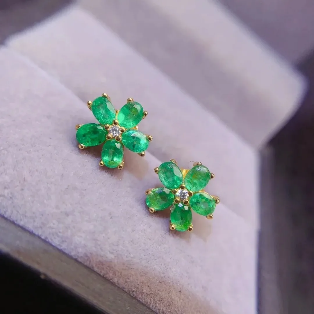 3*4mm Natural Emerald Flower Design Earrings with Certificate Fine Charm Fashion Weddings Jewelry for Women