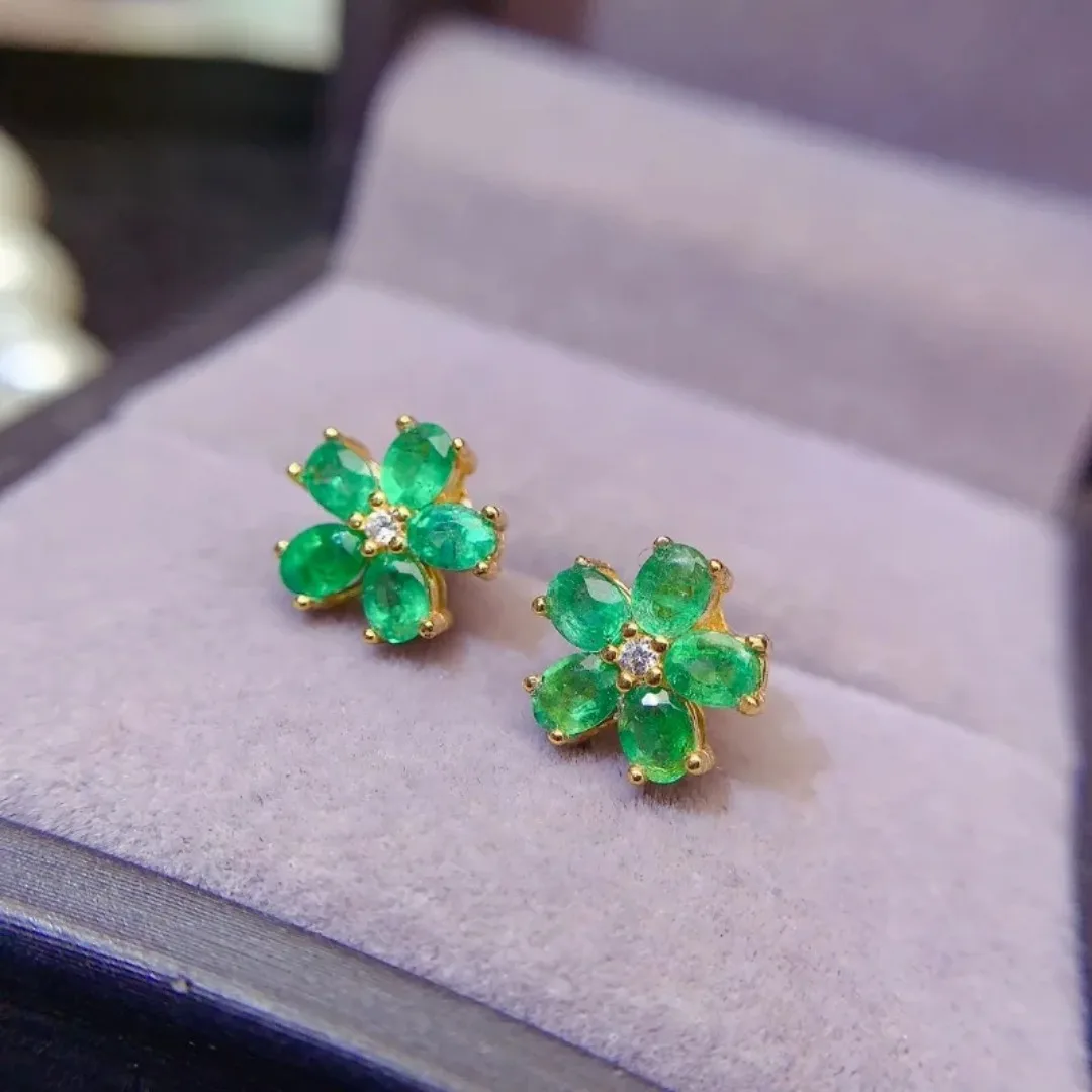 3*4mm Natural Emerald Flower Design Earrings with Certificate Fine Charm Fashion Weddings Jewelry for Women