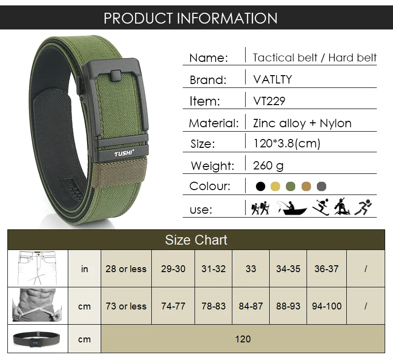 VATLTY New Tactical Pistol Airsoft Belt for Men Metal Automatic Buckle Military Belt 1100D Tight Nylon Casual Belt Male Girdle