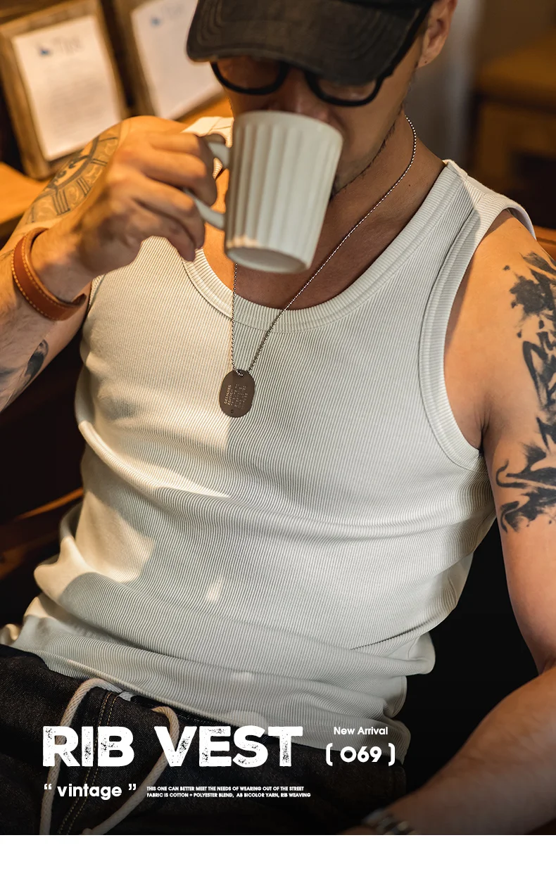 Maden Casual Men's Sleeveless Tank Tops Heavyweight Solid Color Ribbed Vest for Summer Slim Fit Sports Fitness Training T-shirt