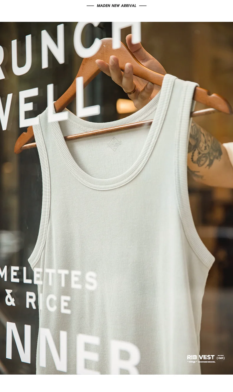Maden Casual Men's Sleeveless Tank Tops Heavyweight Solid Color Ribbed Vest for Summer Slim Fit Sports Fitness Training T-shirt