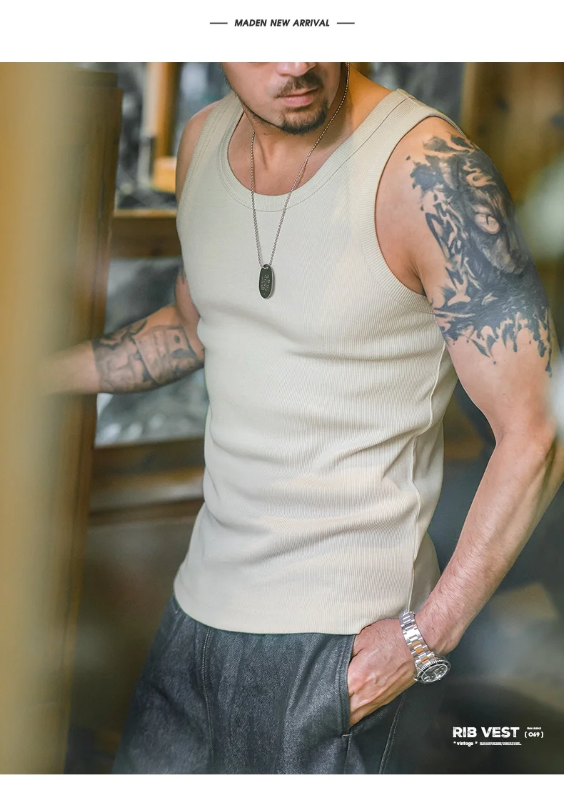 Maden Casual Men's Sleeveless Tank Tops Heavyweight Solid Color Ribbed Vest for Summer Slim Fit Sports Fitness Training T-shirt