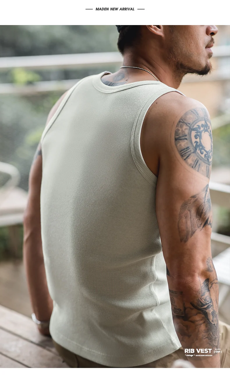 Maden Casual Men's Sleeveless Tank Tops Heavyweight Solid Color Ribbed Vest for Summer Slim Fit Sports Fitness Training T-shirt