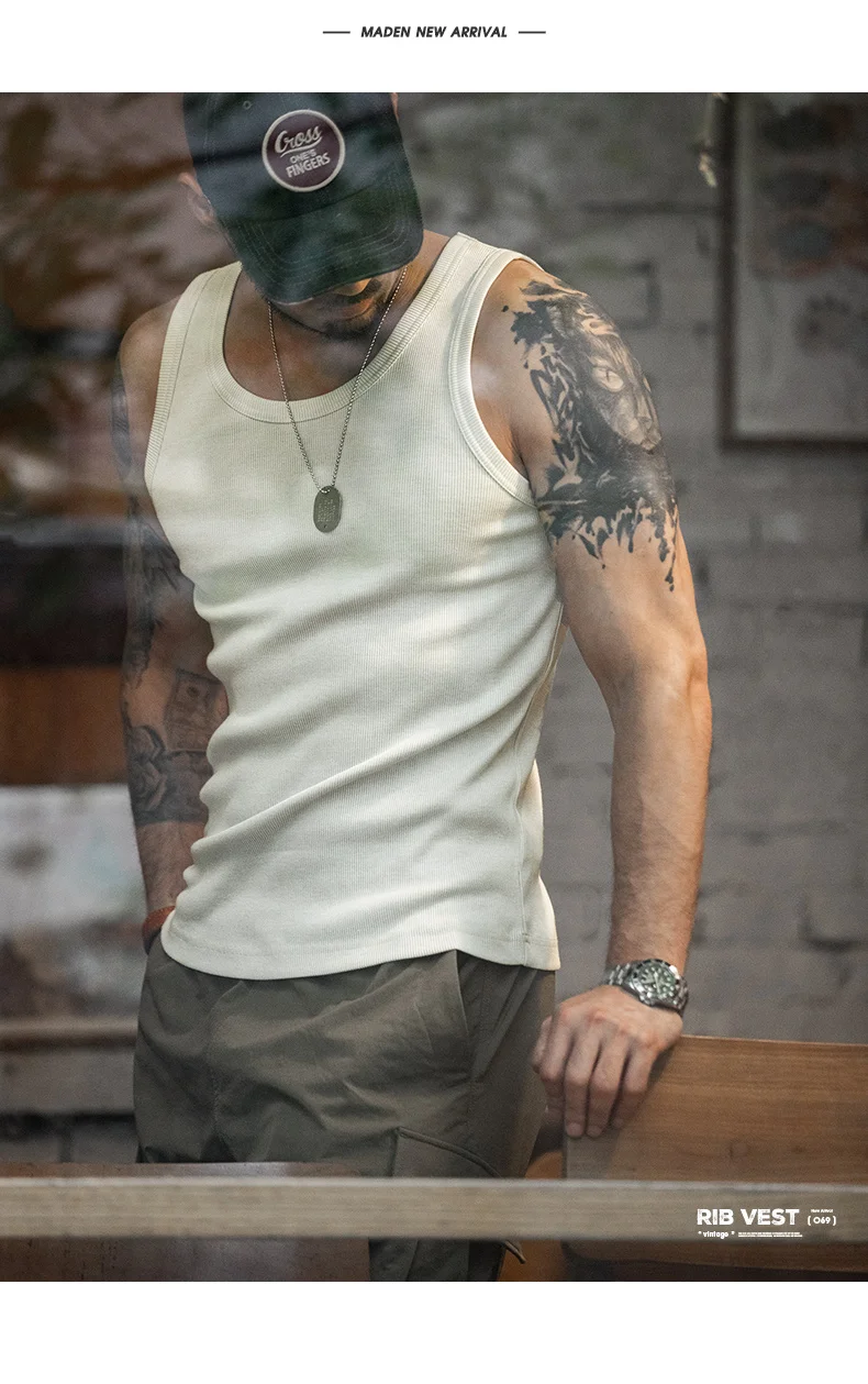 Maden Casual Men's Sleeveless Tank Tops Heavyweight Solid Color Ribbed Vest for Summer Slim Fit Sports Fitness Training T-shirt