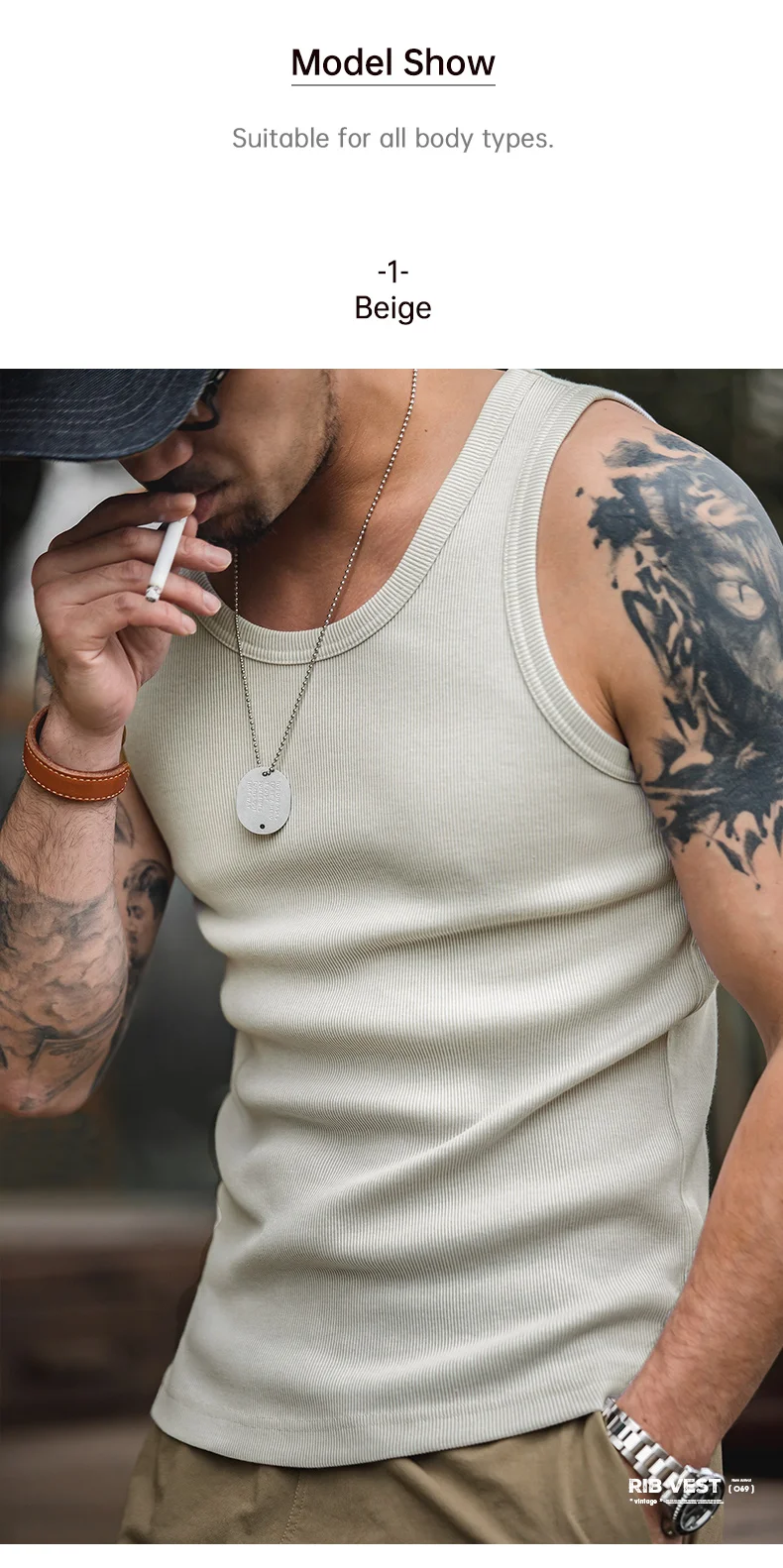 Maden Casual Men's Sleeveless Tank Tops Heavyweight Solid Color Ribbed Vest for Summer Slim Fit Sports Fitness Training T-shirt