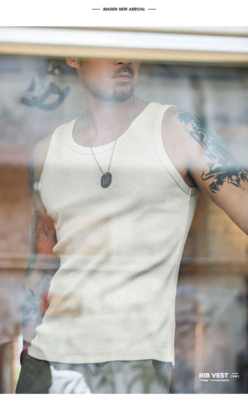 Maden Casual Men's Sleeveless Tank Tops Heavyweight Solid Color Ribbed Vest for Summer Slim Fit Sports Fitness Training T-shirt