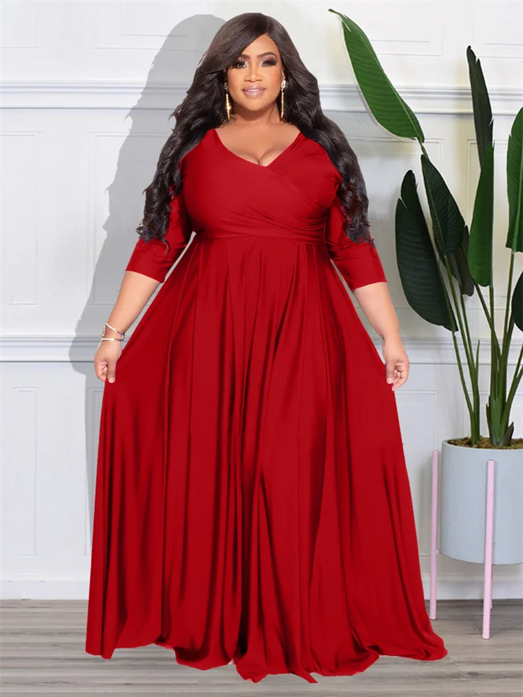 Wmstar Plus Size Party Dresses for Women Fall Clothes  V Neck Bandage Big Hem Elegant Party Maxi Dress Wholesale Dropshipping