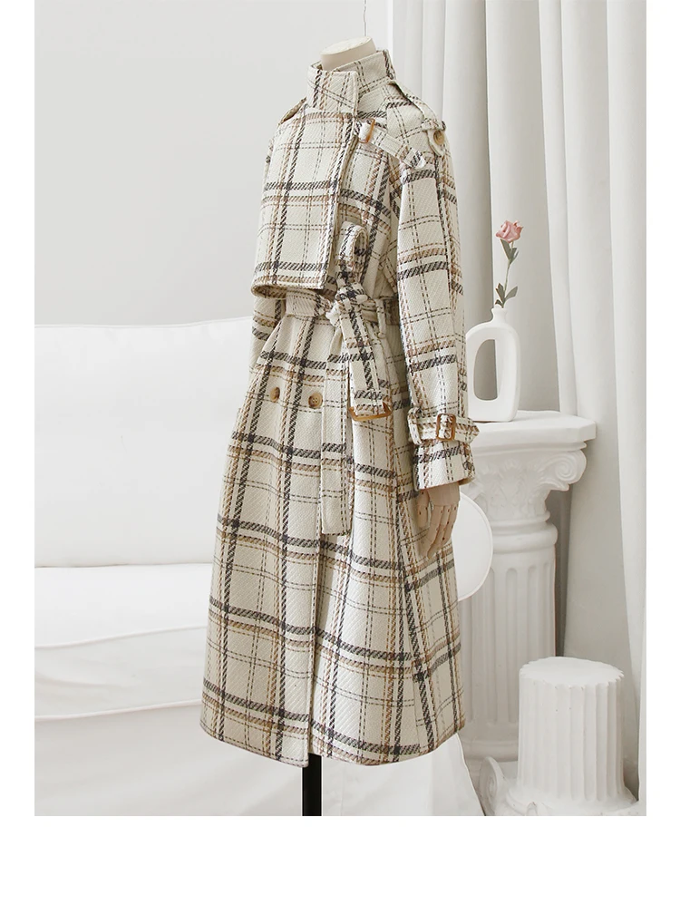 Lautaro Autumn Winter Long Loose Warm Plaid Wool Blends Trench Coat for Women Raglan Sleeve Belt Double Breasted Woolen Overcoat