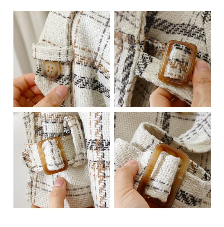 Lautaro Autumn Winter Long Loose Warm Plaid Wool Blends Trench Coat for Women Raglan Sleeve Belt Double Breasted Woolen Overcoat