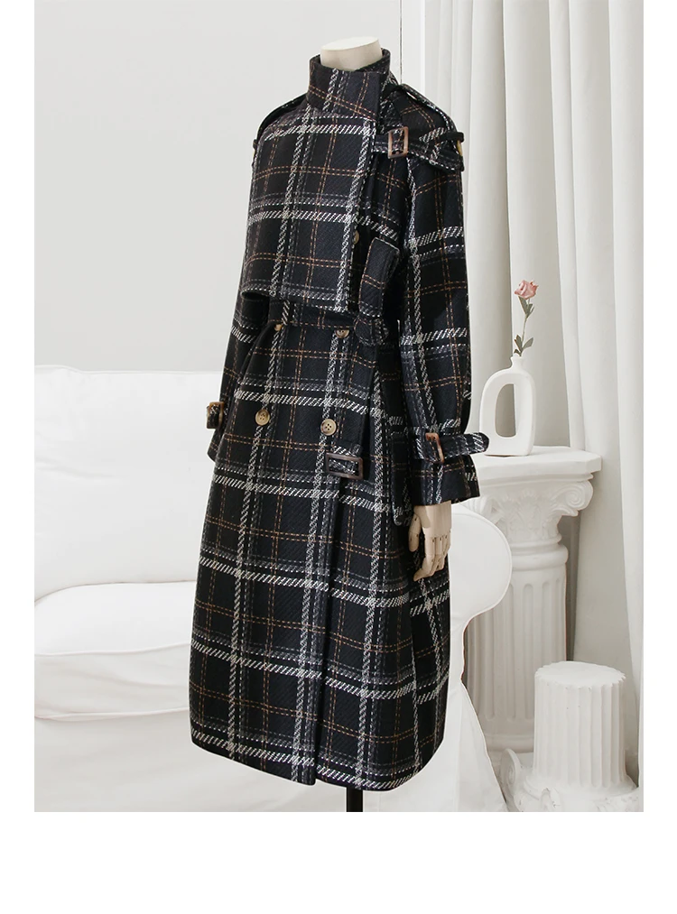 Lautaro Autumn Winter Long Loose Warm Plaid Wool Blends Trench Coat for Women Raglan Sleeve Belt Double Breasted Woolen Overcoat