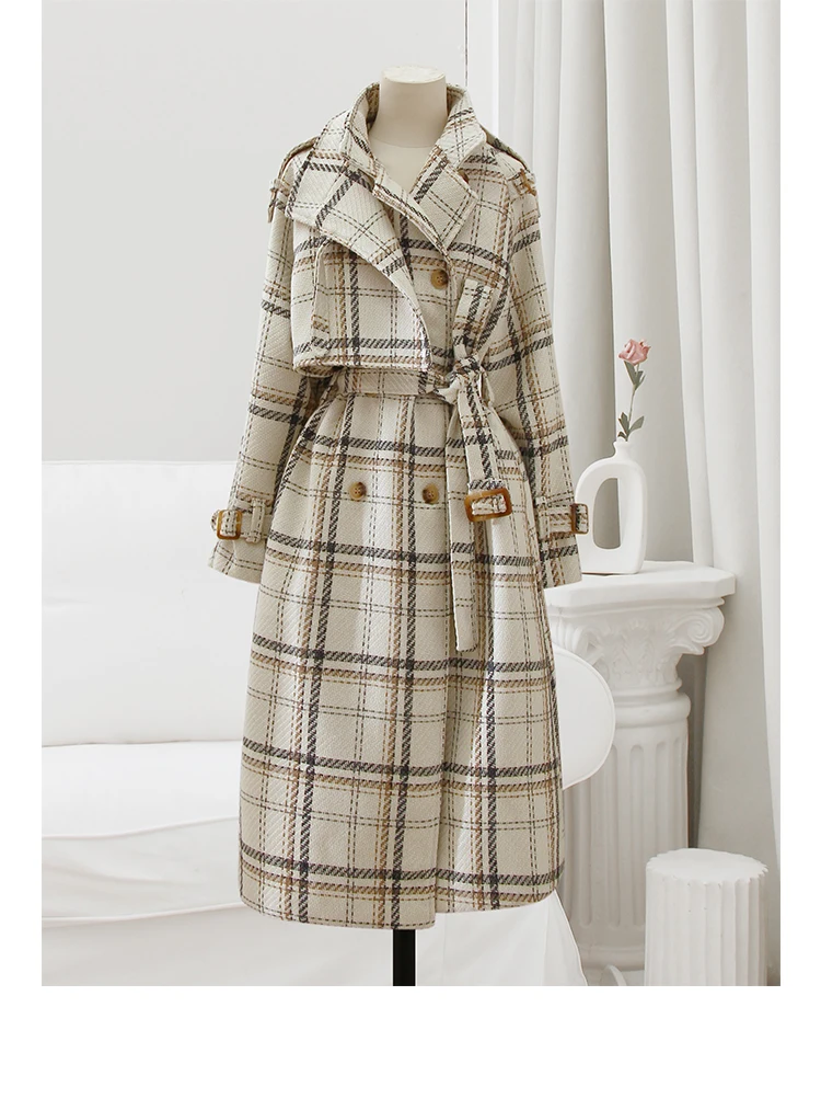 Lautaro Autumn Winter Long Loose Warm Plaid Wool Blends Trench Coat for Women Raglan Sleeve Belt Double Breasted Woolen Overcoat