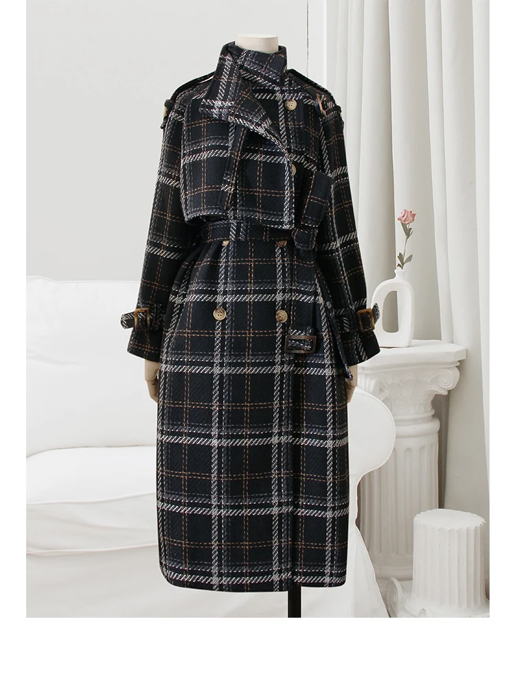 Lautaro Autumn Winter Long Loose Warm Plaid Wool Blends Trench Coat for Women Raglan Sleeve Belt Double Breasted Woolen Overcoat