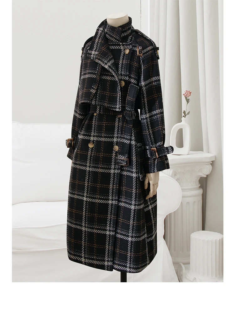 Lautaro Autumn Winter Long Loose Warm Plaid Wool Blends Trench Coat for Women Raglan Sleeve Belt Double Breasted Woolen Overcoat