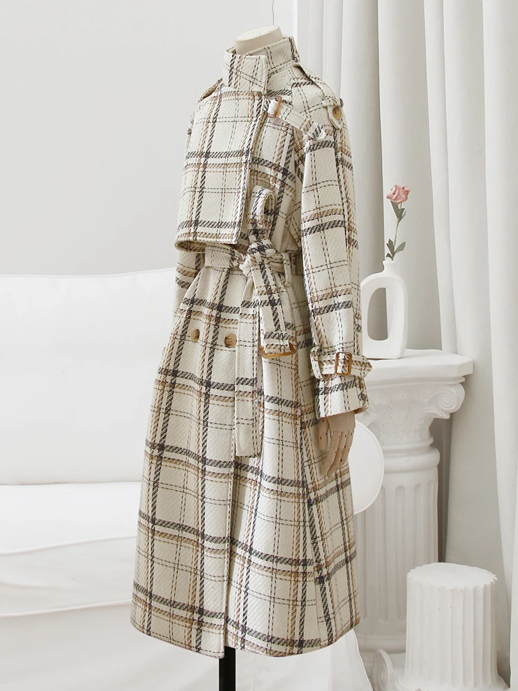Lautaro Autumn Winter Long Loose Warm Plaid Wool Blends Trench Coat for Women Raglan Sleeve Belt Double Breasted Woolen Overcoat