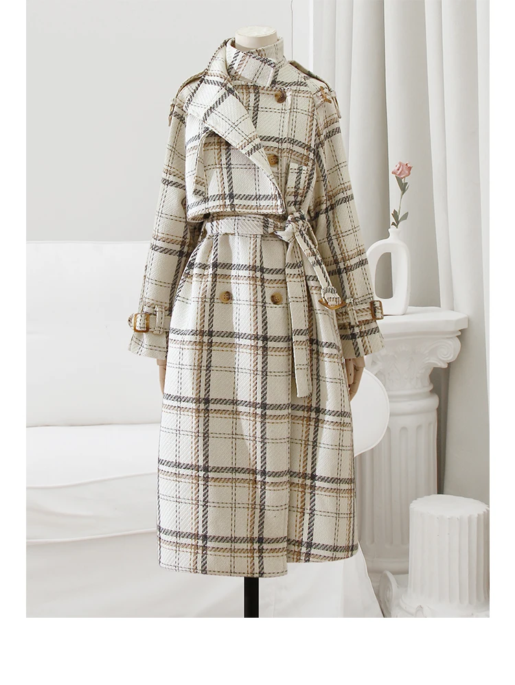Lautaro Autumn Winter Long Loose Warm Plaid Wool Blends Trench Coat for Women Raglan Sleeve Belt Double Breasted Woolen Overcoat