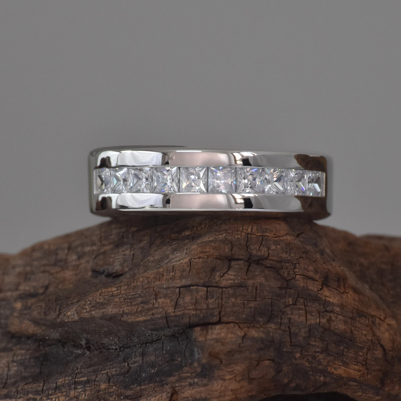 Newshe 925 Silver Certified Moissanite Mens Wedding Band Half Eternity Princess Cut Lab Created Diamond Ring Luxury Jewelry
