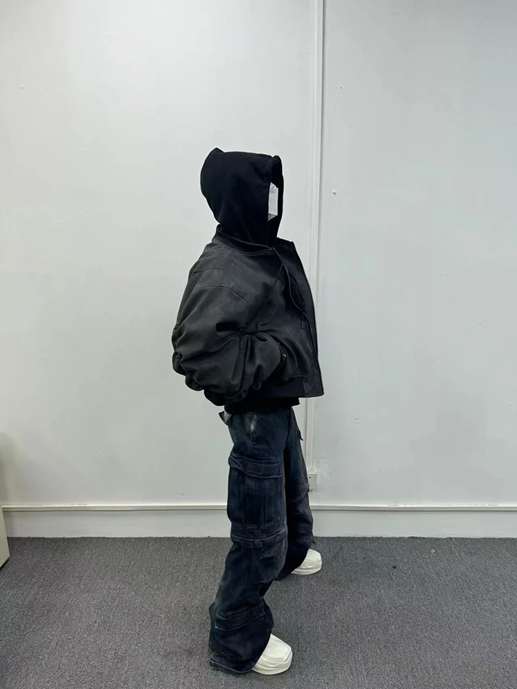 Mauroicardi Spring Oversized Vintage Black Faux Suede Leather Jacket Men Zipper Fake 2 Piece Luxury Designer Clothes Hoodie 2024