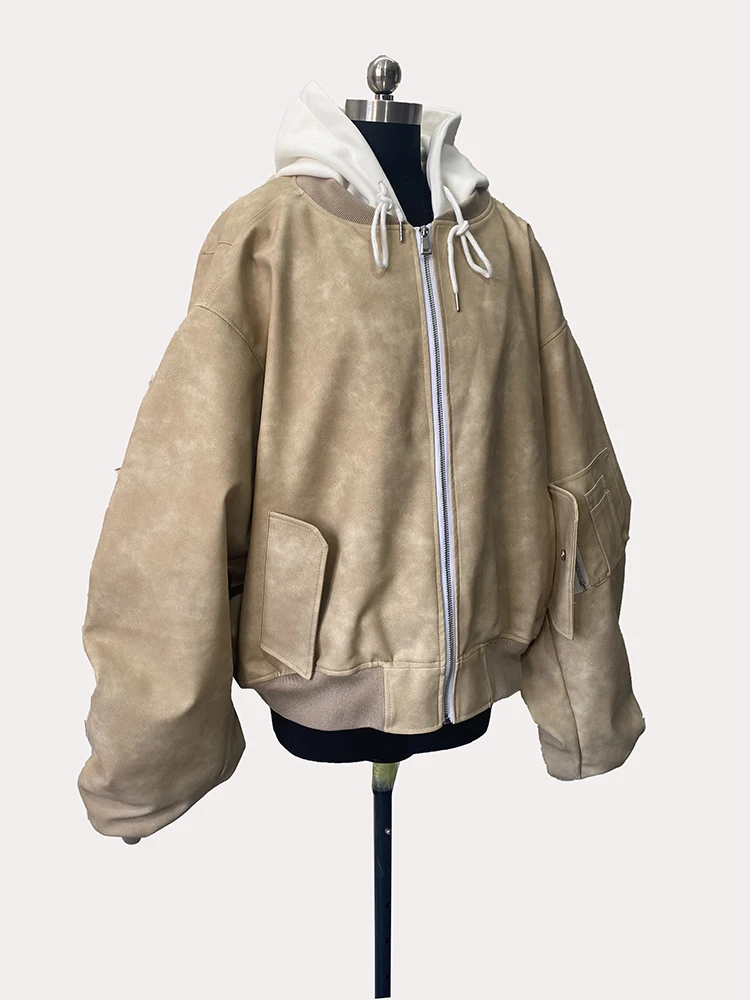 Mauroicardi Spring Oversized Vintage Black Faux Suede Leather Jacket Men Zipper Fake 2 Piece Luxury Designer Clothes Hoodie 2024