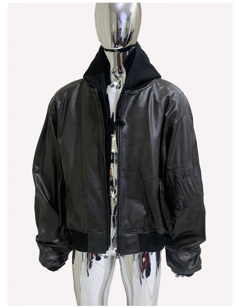 Mauroicardi Spring Oversized Vintage Black Faux Suede Leather Jacket Men Zipper Fake 2 Piece Luxury Designer Clothes Hoodie 2024