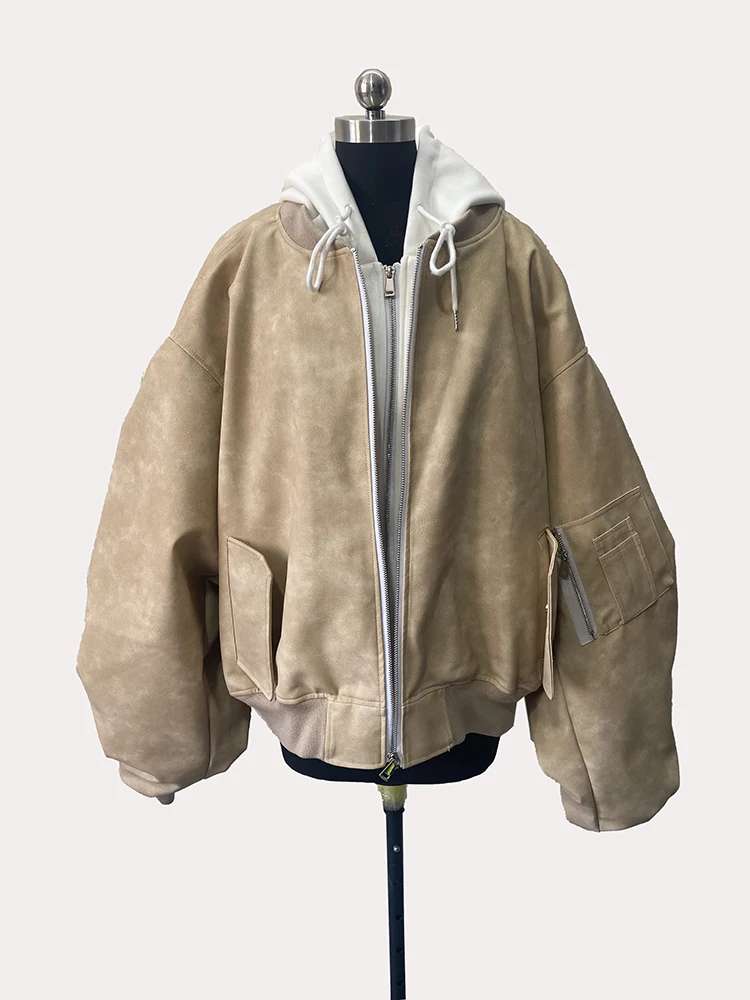 Mauroicardi Spring Oversized Vintage Black Faux Suede Leather Jacket Men Zipper Fake 2 Piece Luxury Designer Clothes Hoodie 2024