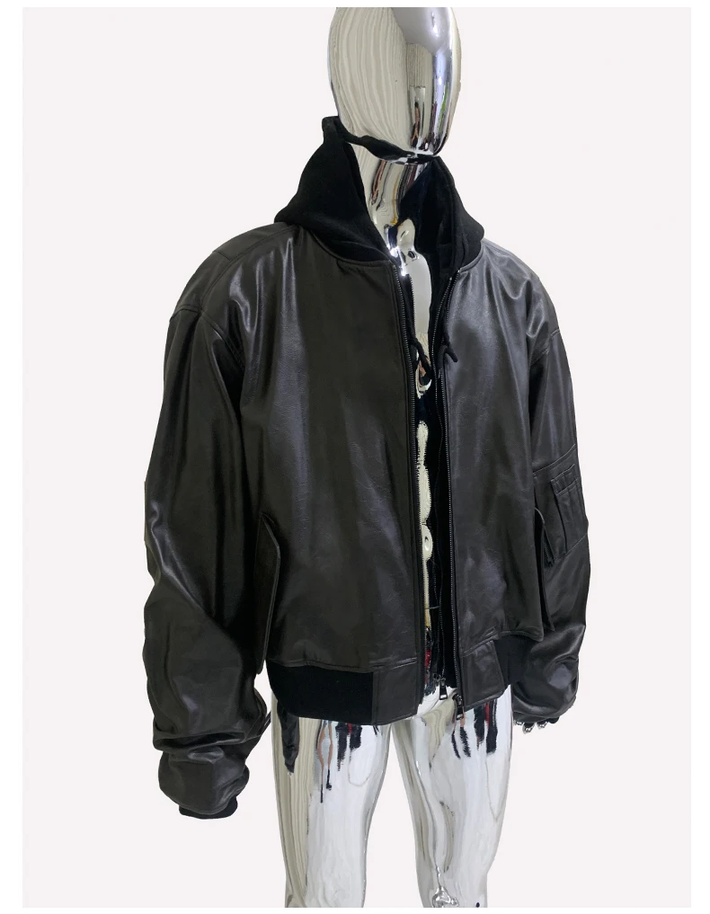 Mauroicardi Spring Oversized Vintage Black Faux Suede Leather Jacket Men Zipper Fake 2 Piece Luxury Designer Clothes Hoodie 2024