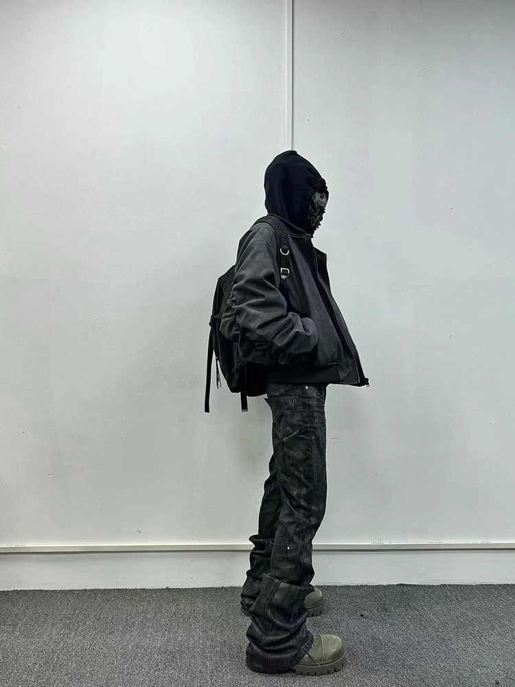 Mauroicardi Spring Oversized Vintage Black Faux Suede Leather Jacket Men Zipper Fake 2 Piece Luxury Designer Clothes Hoodie 2024