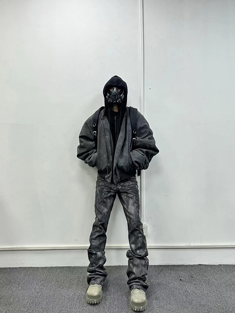 Mauroicardi Spring Oversized Vintage Black Faux Suede Leather Jacket Men Zipper Fake 2 Piece Luxury Designer Clothes Hoodie 2024