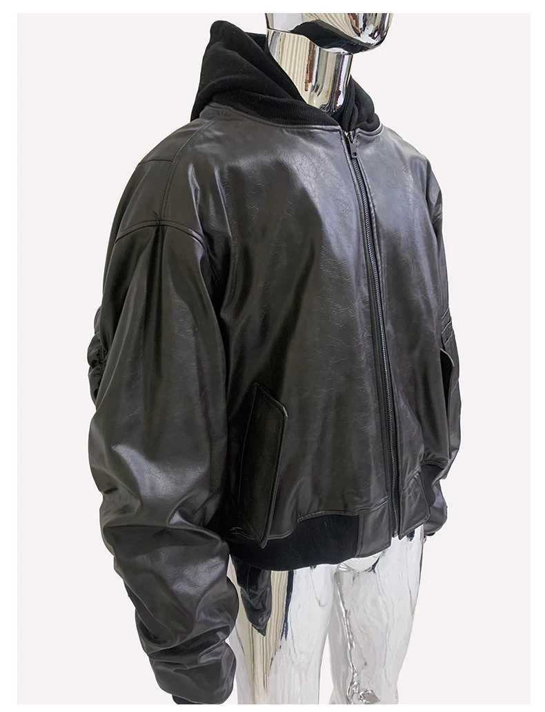 Mauroicardi Spring Oversized Vintage Black Faux Suede Leather Jacket Men Zipper Fake 2 Piece Luxury Designer Clothes Hoodie 2024