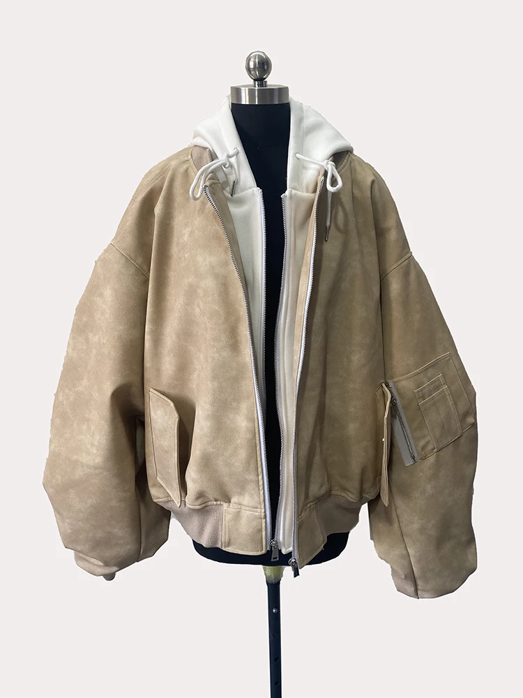 Mauroicardi Spring Oversized Vintage Black Faux Suede Leather Jacket Men Zipper Fake 2 Piece Luxury Designer Clothes Hoodie 2024