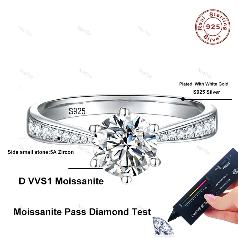 NeeTim Real 3 Carat Moissanite Wedding Ring for Women 925 Sterling Silver Round Brilliant Sparkling Engagement Rings Gift