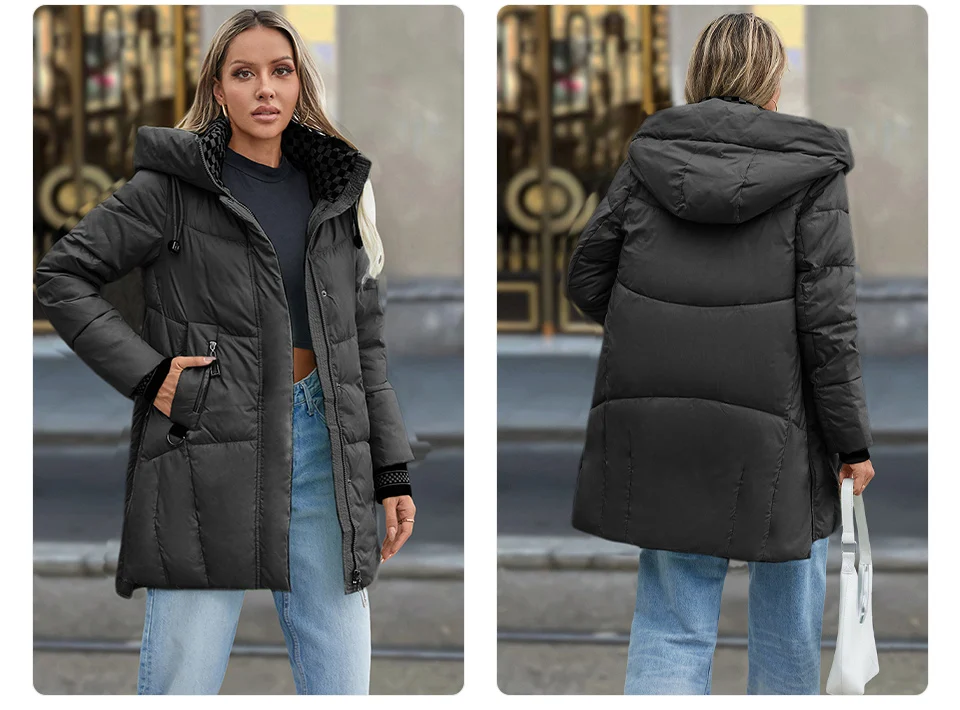 GASMAN 2024 Women Down Jacket Long Classic zipper design Big Pocket Stand Collar Hooded Slim coat Women Parkas GM-83325