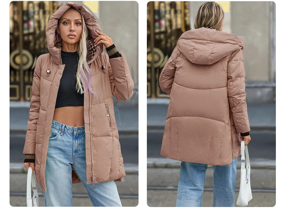 GASMAN 2024 Women Down Jacket Long Classic zipper design Big Pocket Stand Collar Hooded Slim coat Women Parkas GM-83325
