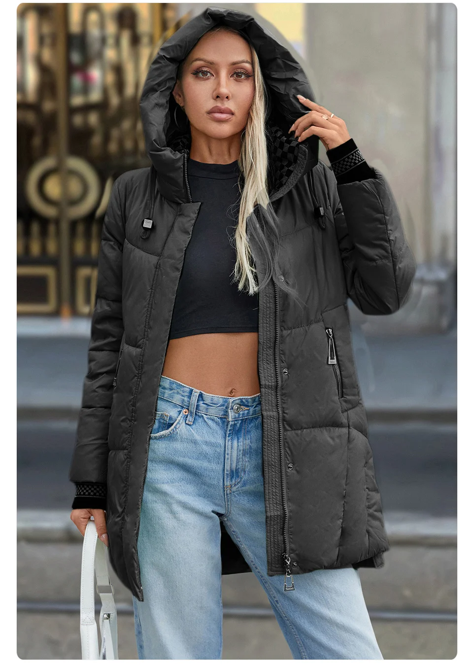 GASMAN 2024 Women Down Jacket Long Classic zipper design Big Pocket Stand Collar Hooded Slim coat Women Parkas GM-83325