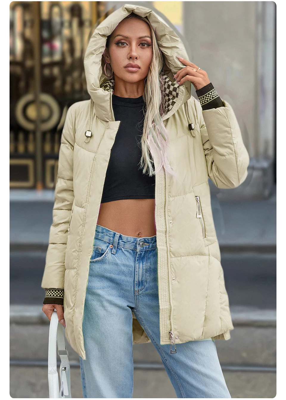 GASMAN 2024 Women Down Jacket Long Classic zipper design Big Pocket Stand Collar Hooded Slim coat Women Parkas GM-83325