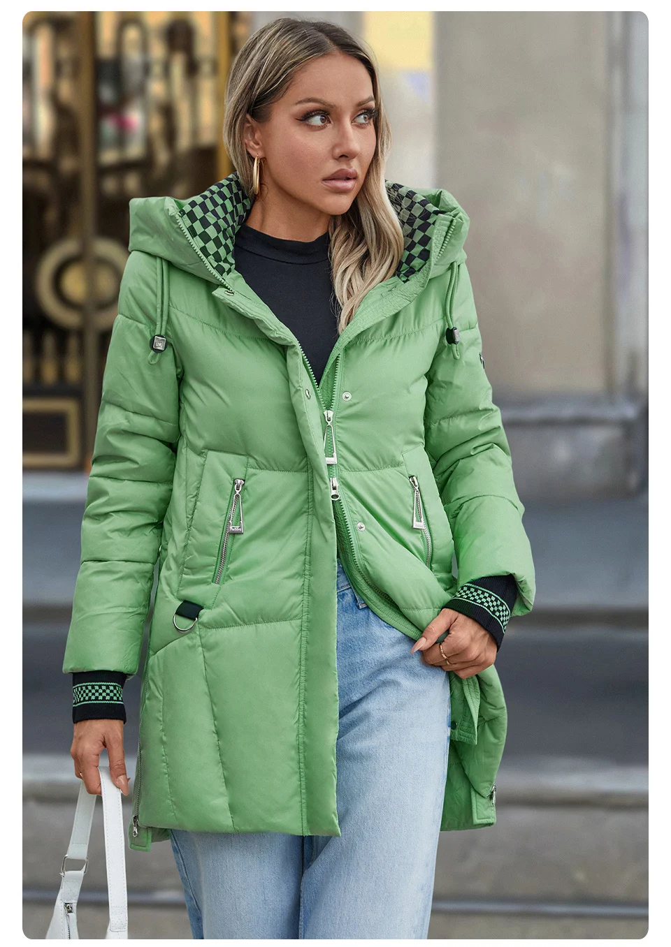 GASMAN 2024 Women Down Jacket Long Classic zipper design Big Pocket Stand Collar Hooded Slim coat Women Parkas GM-83325