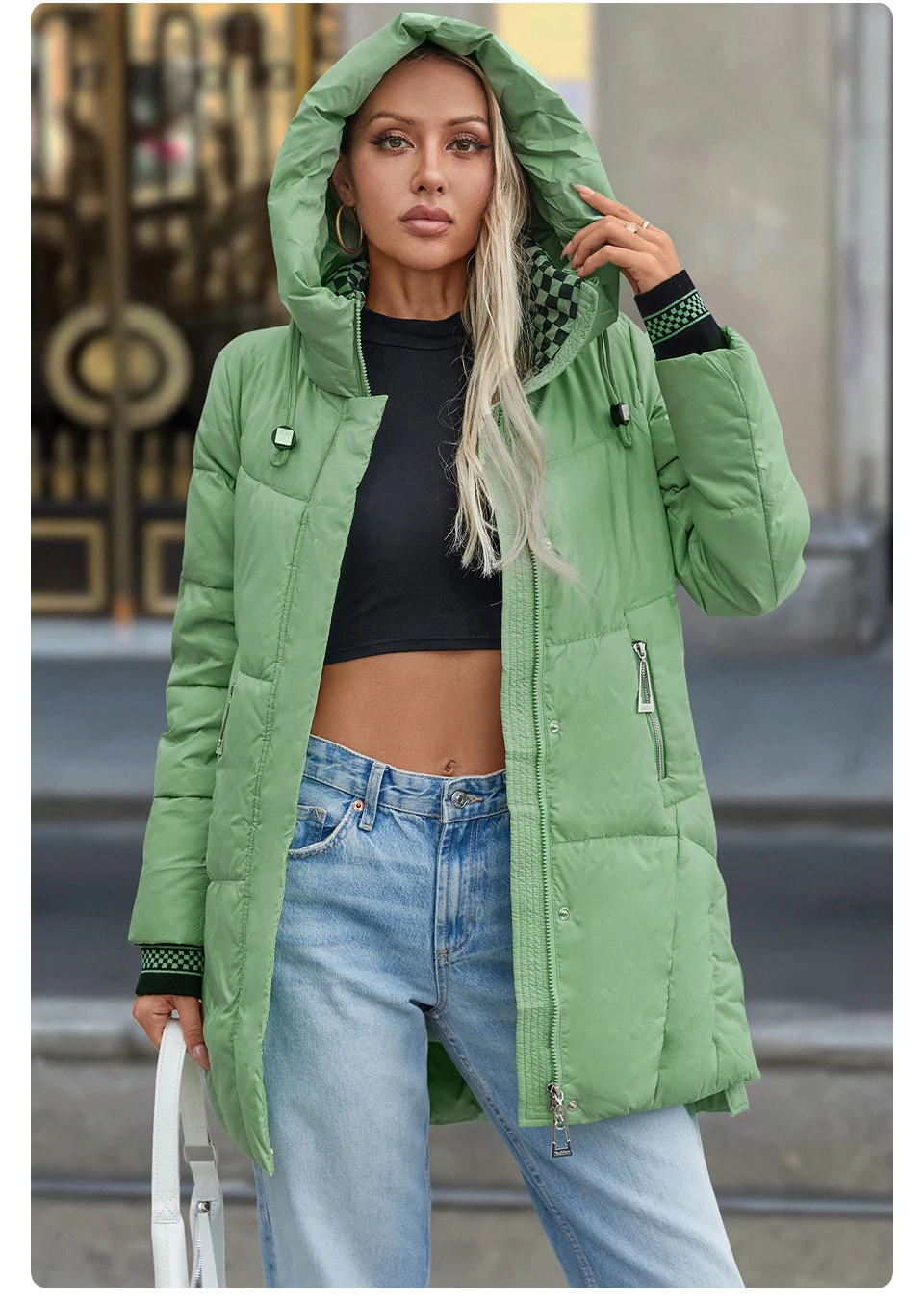 GASMAN 2024 Women Down Jacket Long Classic zipper design Big Pocket Stand Collar Hooded Slim coat Women Parkas GM-83325