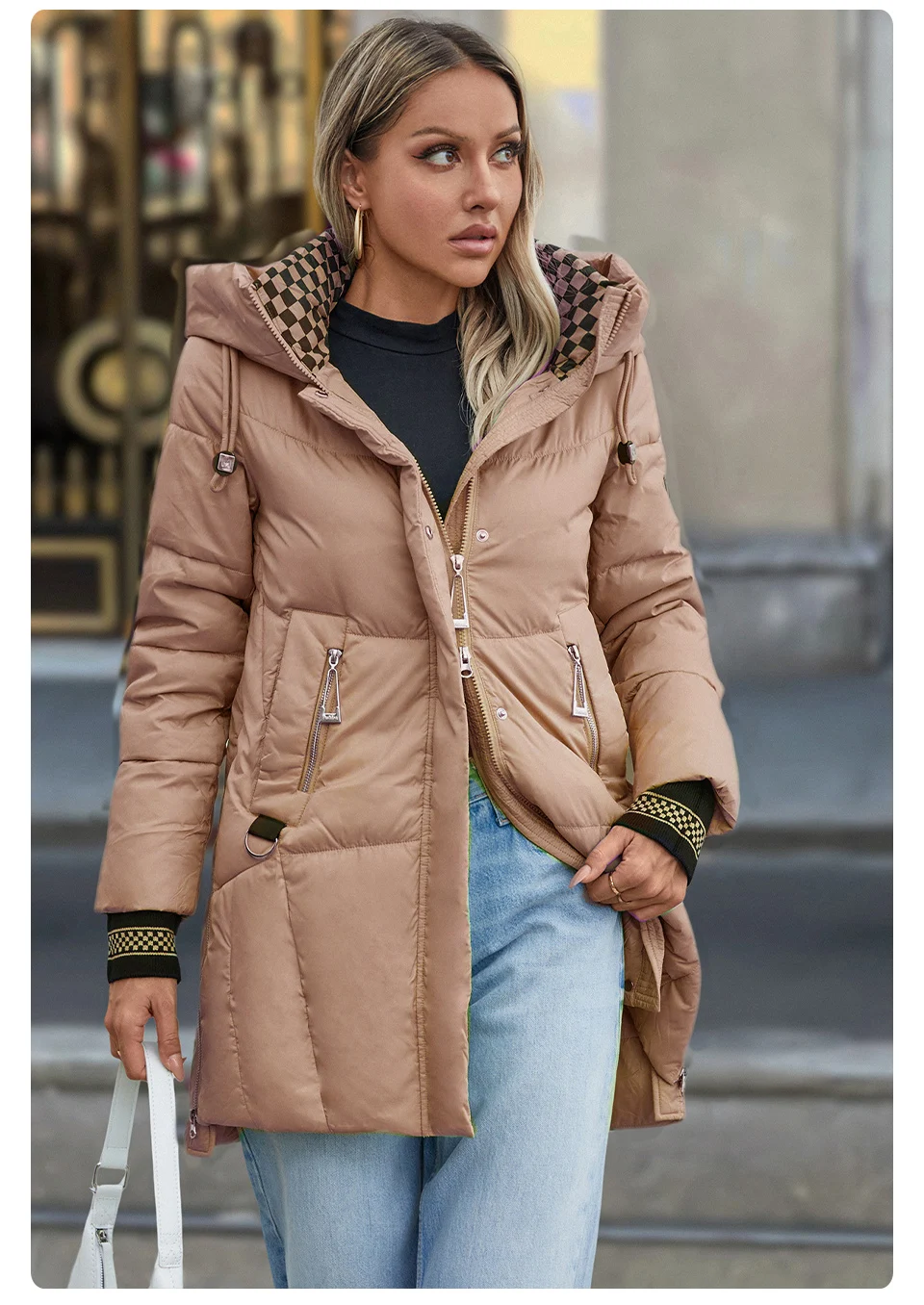 GASMAN 2024 Women Down Jacket Long Classic zipper design Big Pocket Stand Collar Hooded Slim coat Women Parkas GM-83325