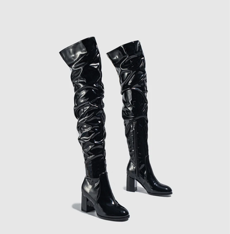 Liyke Fashion Round Toe Motorcycle Thigh High Boots Women Red Pleated Patent Leather Over The Knee Shoes Zip Autumn Winter Heels